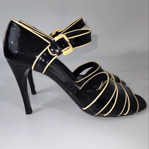 Prada Patent Leather Black Cream Heels Sandals Size EU 38 - Picture 5 of 16